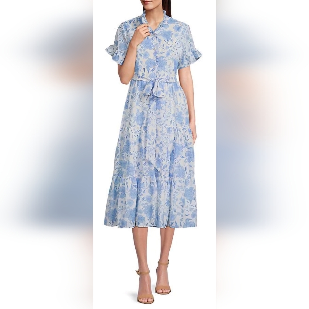 J. Marie Chloe Louise blue and white, floral, tiered, lined dress with pockets